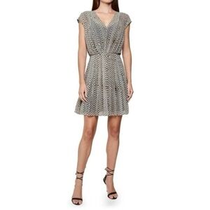 Reiss Marcy Pleated Chiffon V Neck Dress Black Geo Print US 2